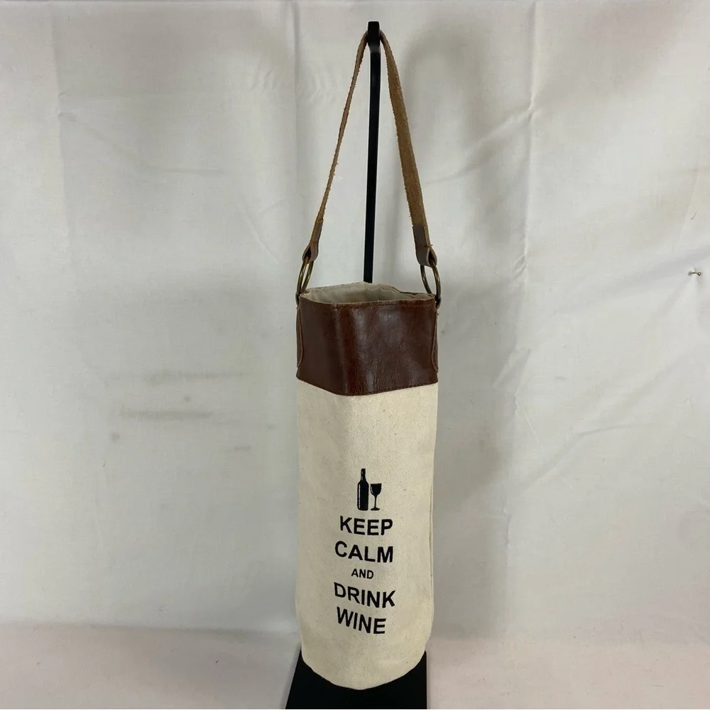 Keep Calm and Drink Wine Canvas Leather Tote Wine Bottle Carrier